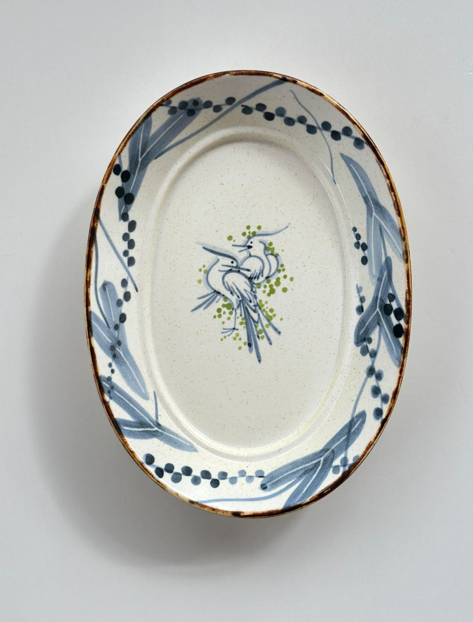 Bluebird Qinghua Hand-Painted Oval Ceramic Plate Chi Su