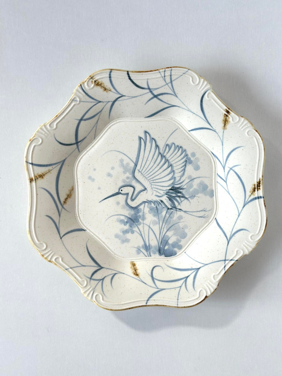 Blue & White Egret Hand-Painted Octagonal Ceramic Plate – Soaring Elegance Chi Su