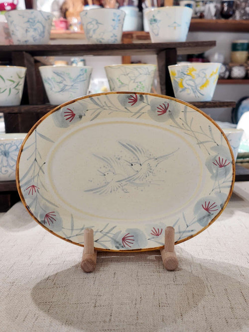 Twin Birds Hand-Painted Oval Ceramic Plate Chi Su