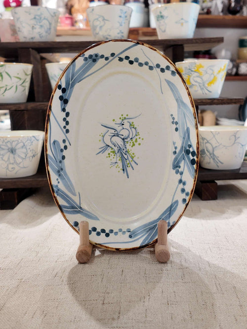 Bluebird Qinghua Hand-Painted Oval Ceramic Plate Chi Su