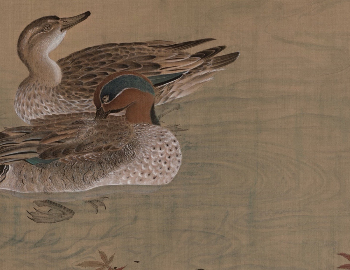 Chinese Gongbi Bird-and-Flower Painting – Pair of Wild Ducks beneath Crimson Maples Jing Li