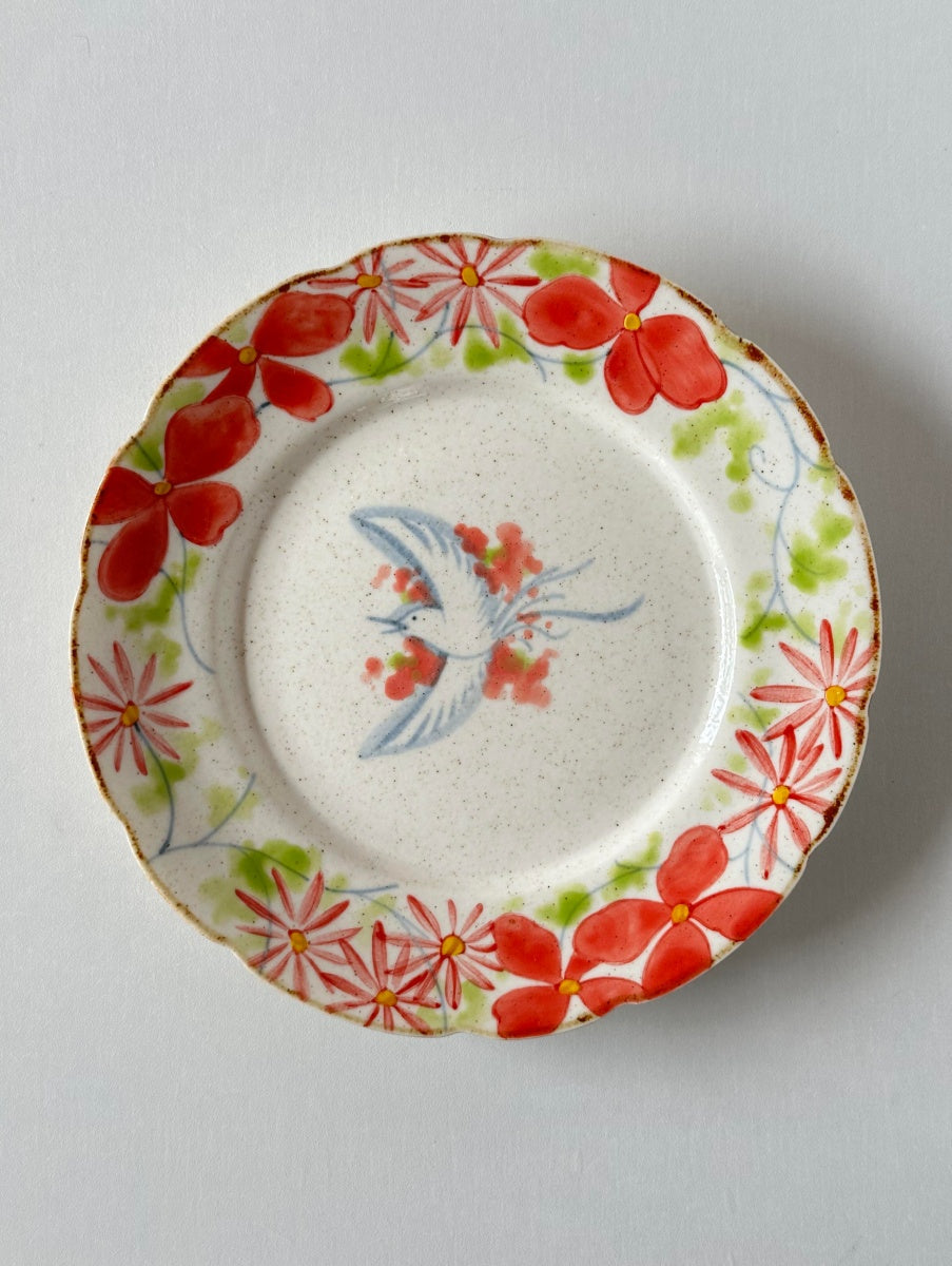 Hand-Painted Bird Round Dessert Plate Set – Red Elegance Chi Su