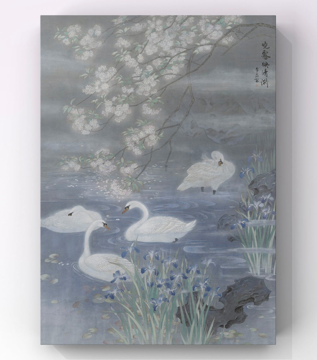 Chinese Gongbi Bird-and-Flower Painting – Dawn Mist over Quiet Ripples Jing Li