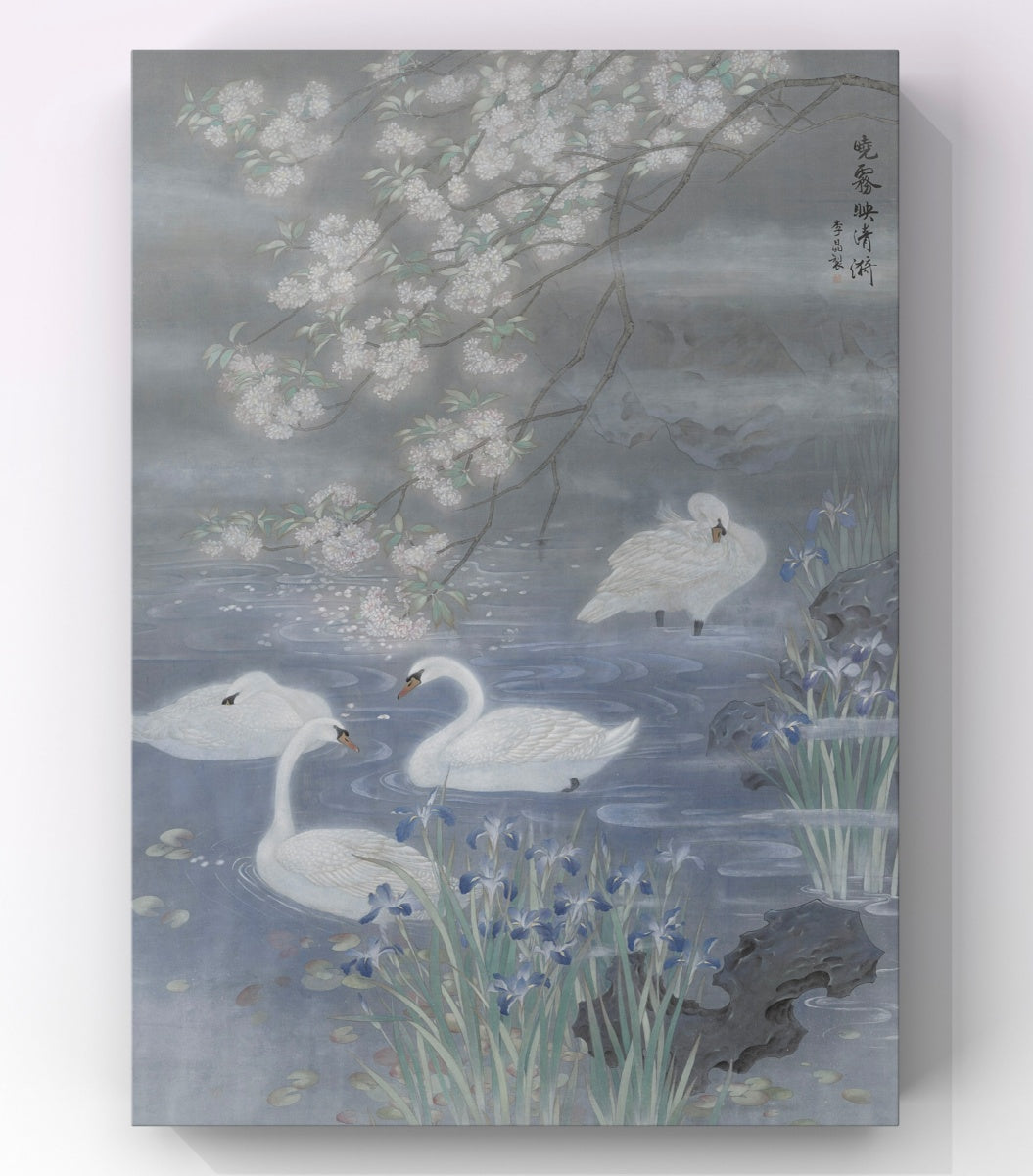 Chinese Gongbi Bird-and-Flower Painting – Dawn Mist over Quiet Ripples Jing Li