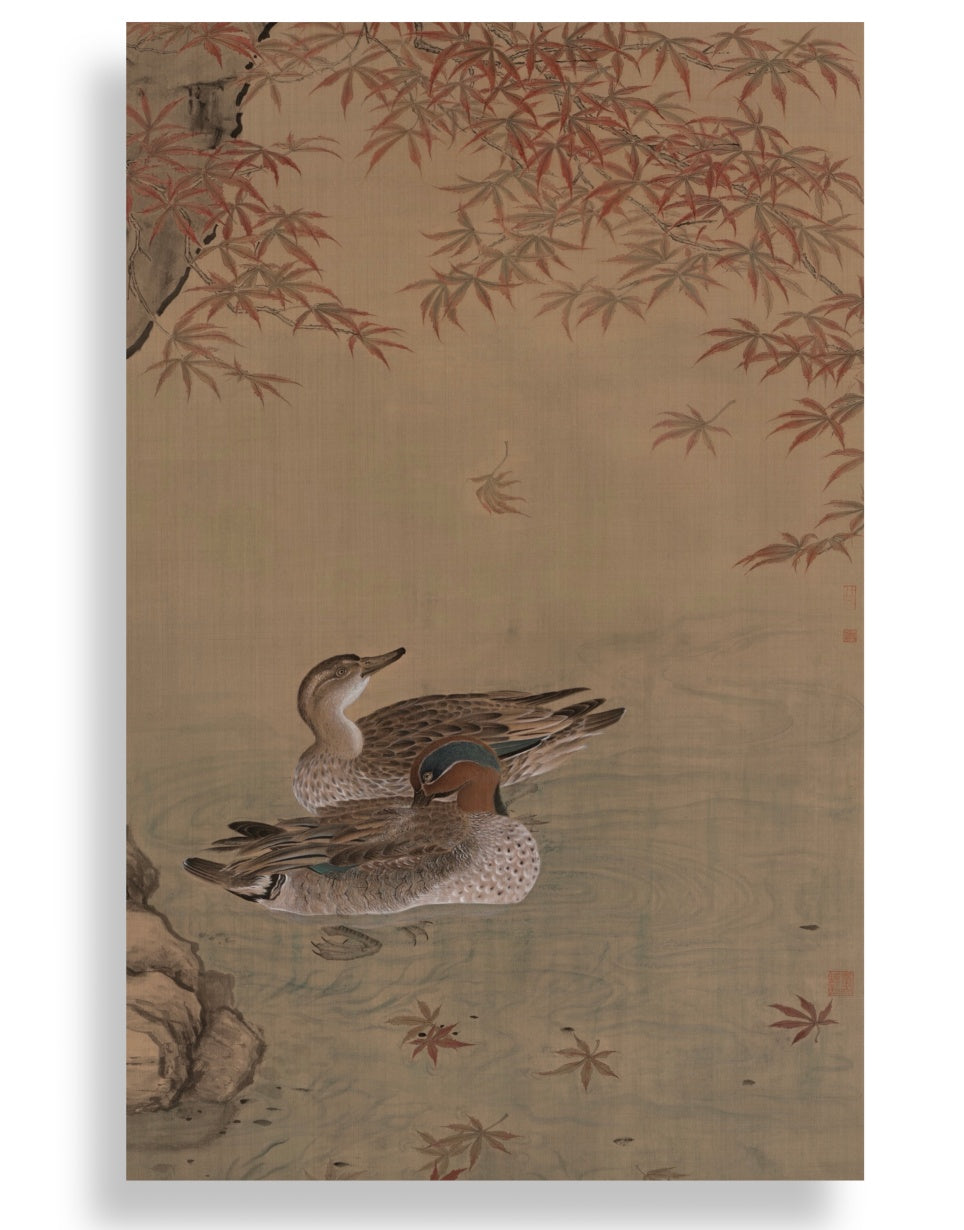 Chinese Gongbi Bird-and-Flower Painting – Pair of Wild Ducks beneath Crimson Maples Jing Li