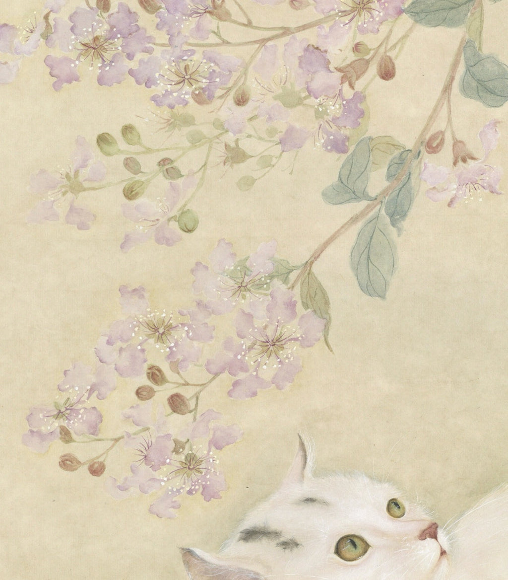 Chinese Mogu Bird-and-Flower Painting – White Cat Beneath Crape Myrtle Blossoms Jing Li