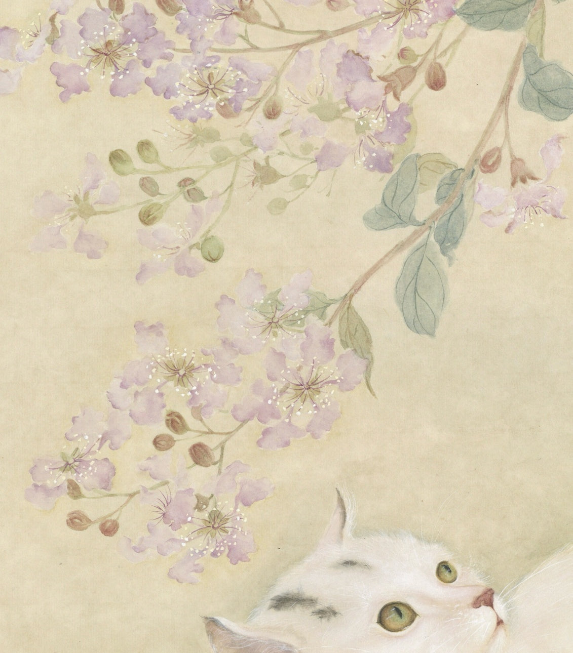 Chinese Mogu Bird-and-Flower Painting – White Cat Beneath Crape Myrtle Blossoms Jing Li
