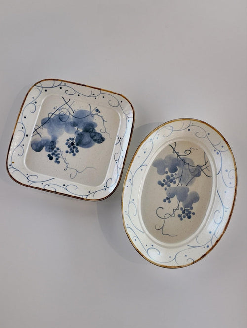 Hand-Painted Blue & White Grape Ceramic Plate Set Chi Su