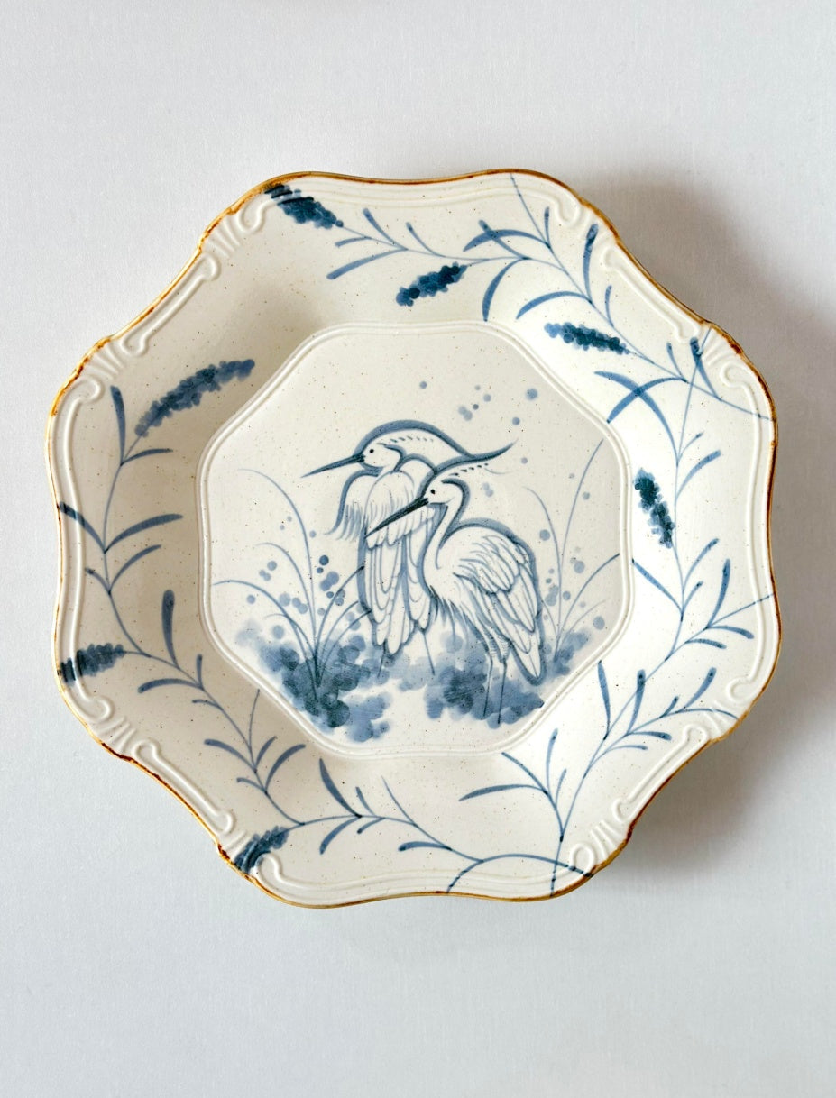 Blue & White Egret Hand-Painted Octagonal Ceramic Plate – Quiet Companionship Chi Su
