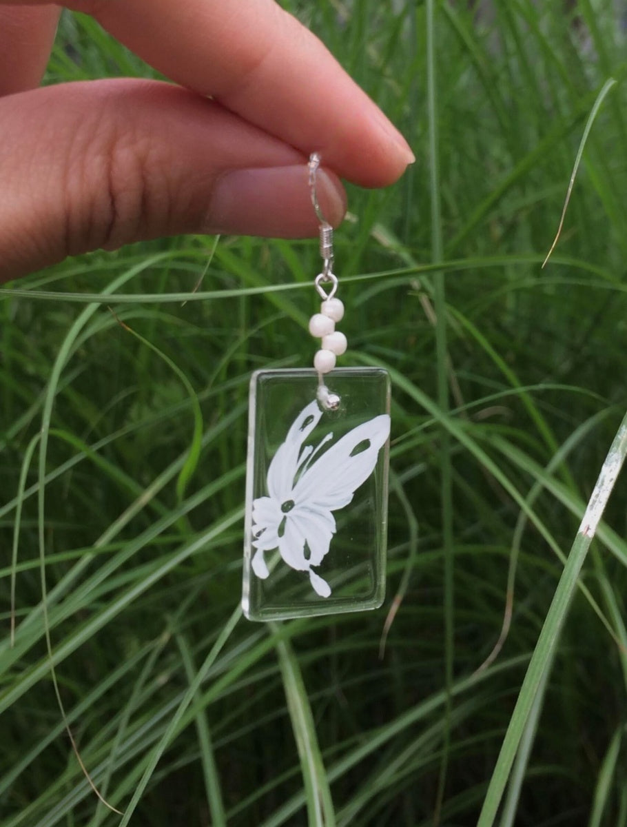 Hand-painted Glass Earrings - White Butterfly One Shower Studio