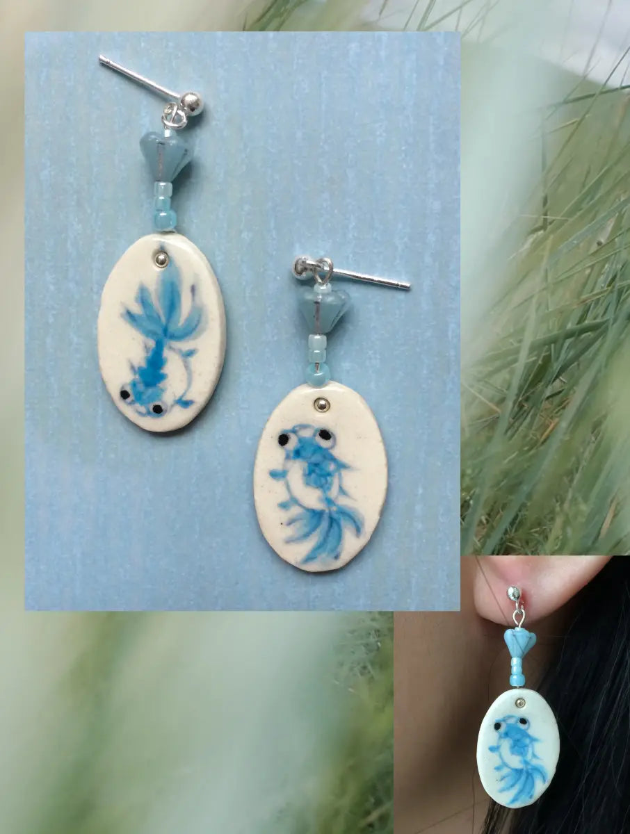 Handmade Ceramic Earrings – Blue Goldfish One Shower Studio