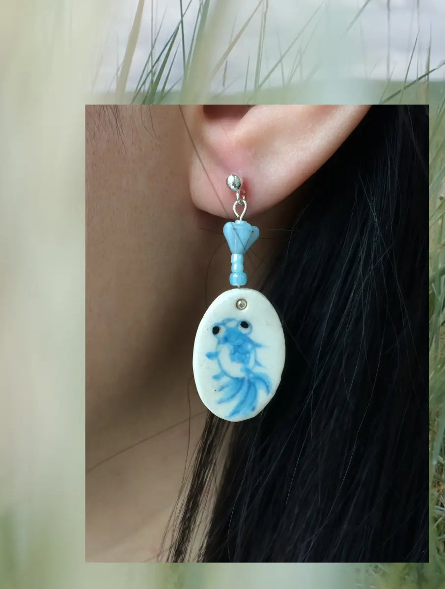Handmade Ceramic Earrings – Blue Goldfish One Shower Studio