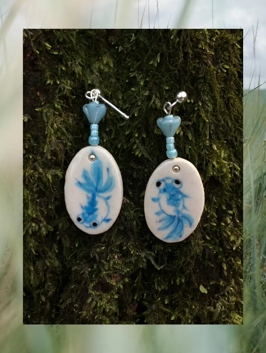 Handmade Ceramic Earrings – Blue Goldfish One Shower Studio