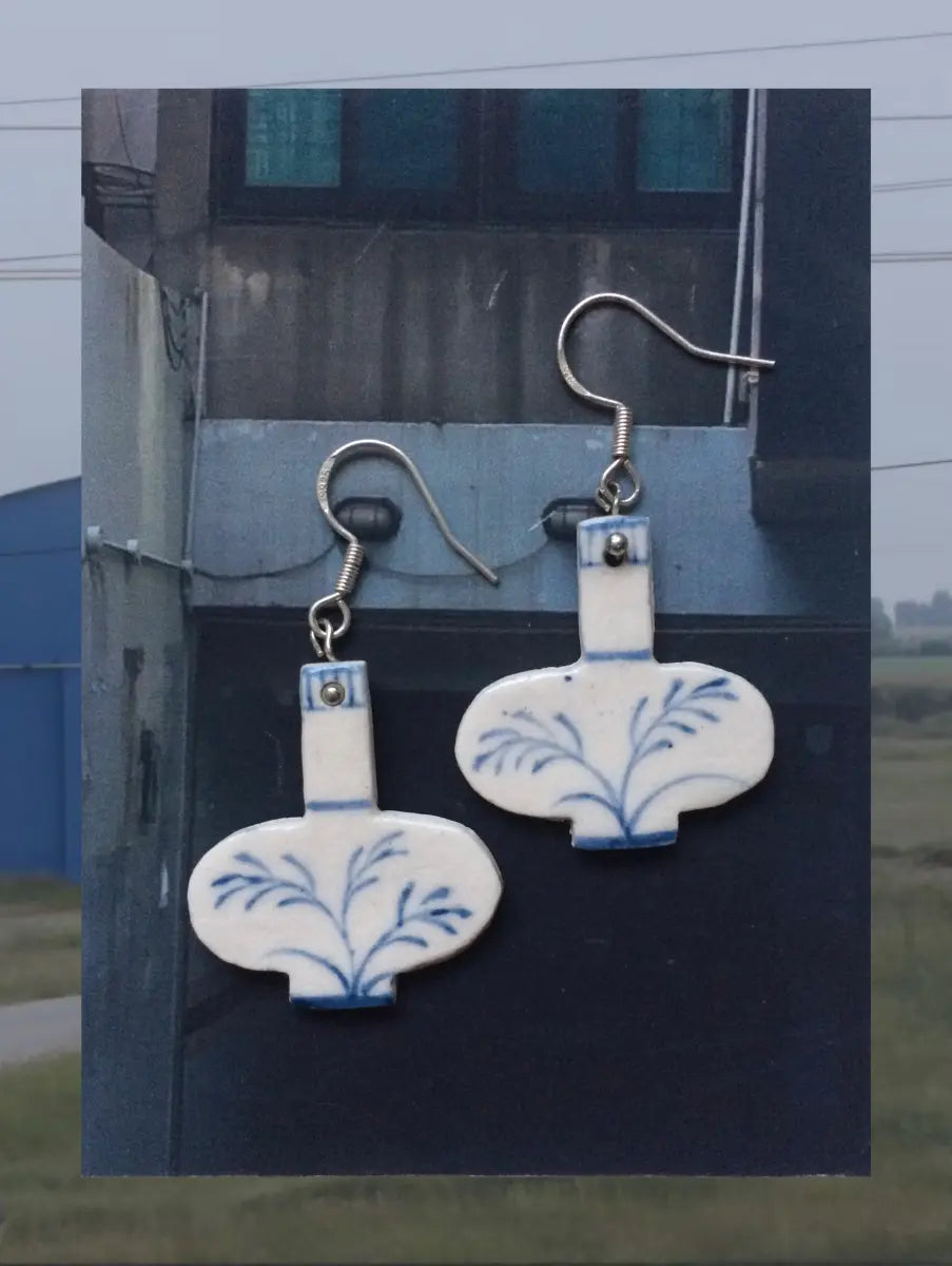 Handmade Ceramic Earrings – Blue & White Vase One Shower Studio