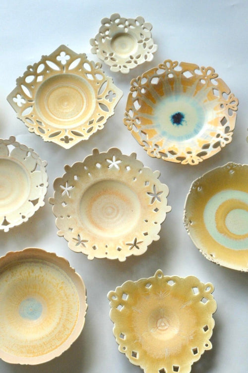Gilded Light Handcrafted Openwork Porcelain Plate Series Orange Yellow