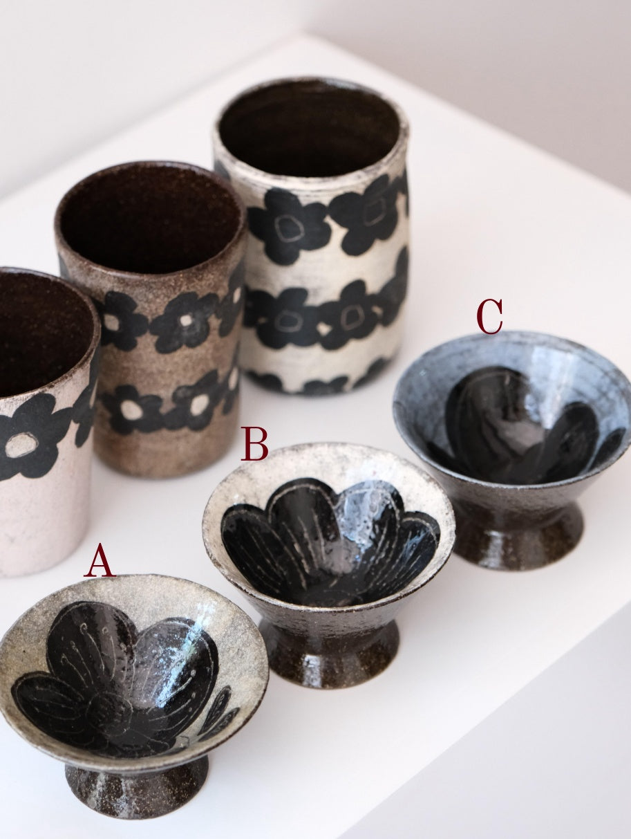 Rustic Stoneware Hand-Painted Tea Cup - Little Black Flower Xin Feng Wang