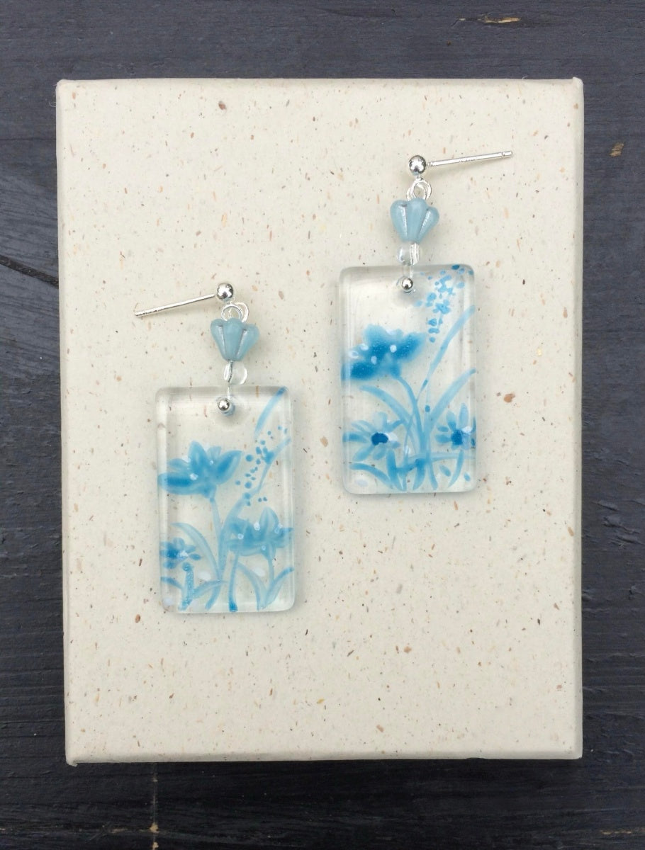 Hand-painted Glass Earrings - Blue Memory One Shower Studio