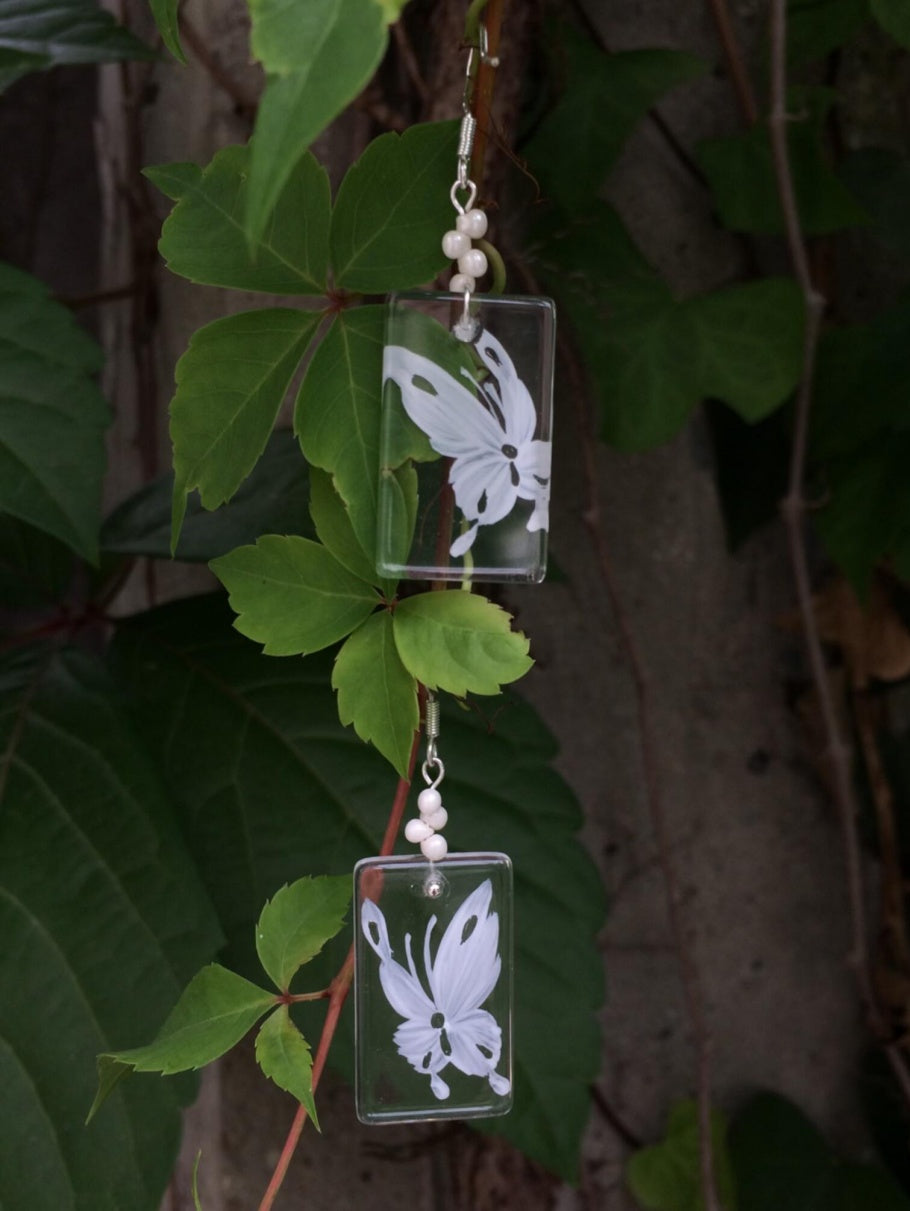 Hand-painted Glass Earrings - White Butterfly One Shower Studio