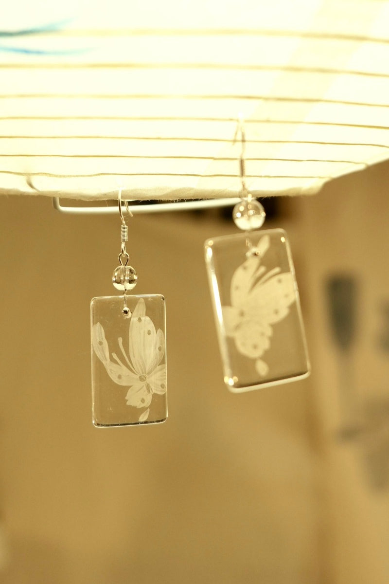 Hand-painted Glass Earrings - White Butterfly One Shower Studio