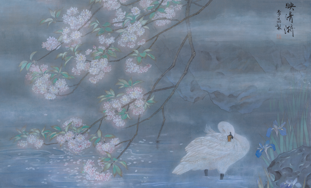 Chinese Gongbi Bird-and-Flower Painting – Dawn Mist over Quiet Ripples Jing Li