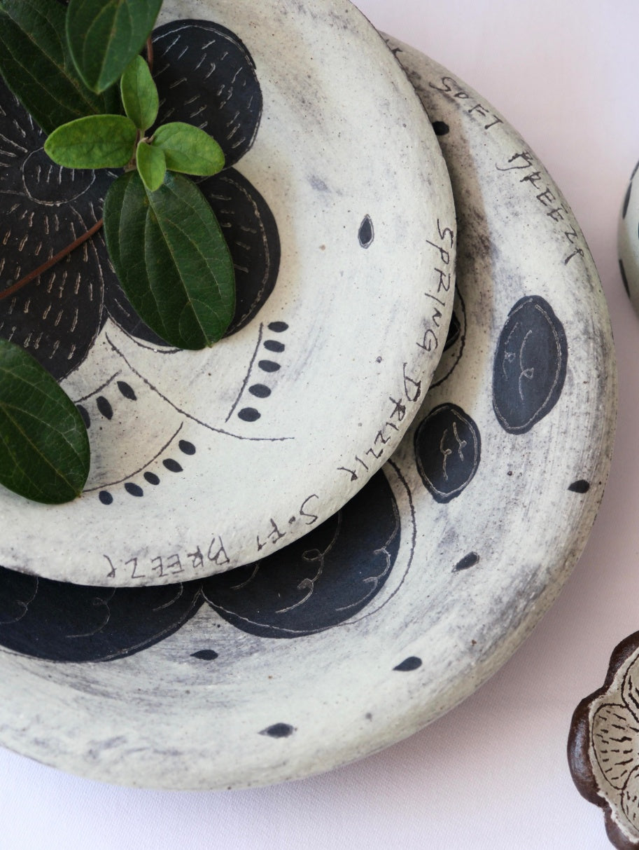 Rustic Stoneware Handmade Plate - Sage Garden Bloom Xin Feng Wang