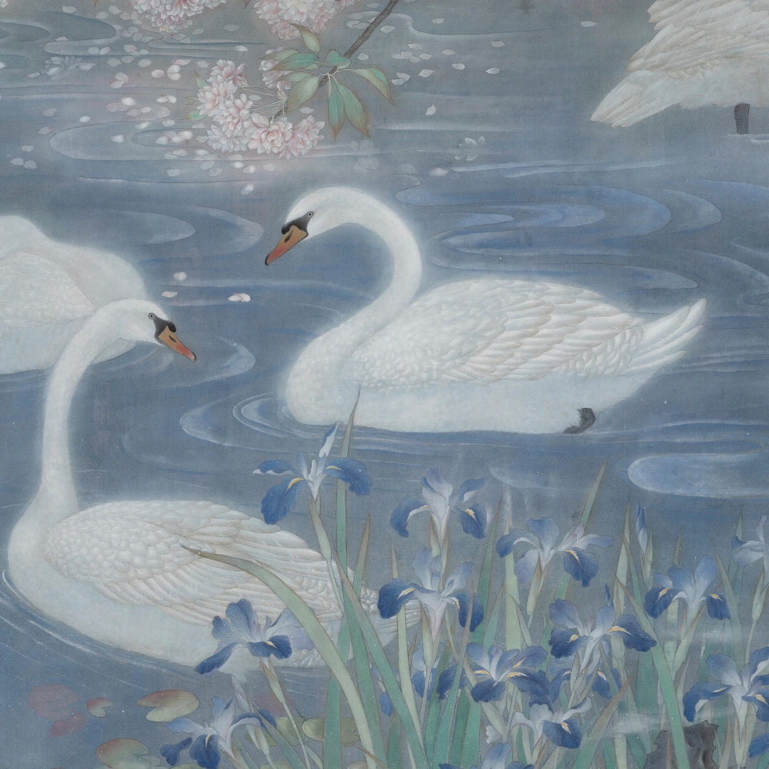 Chinese Gongbi Bird-and-Flower Painting – Dawn Mist over Quiet Ripples Jing Li