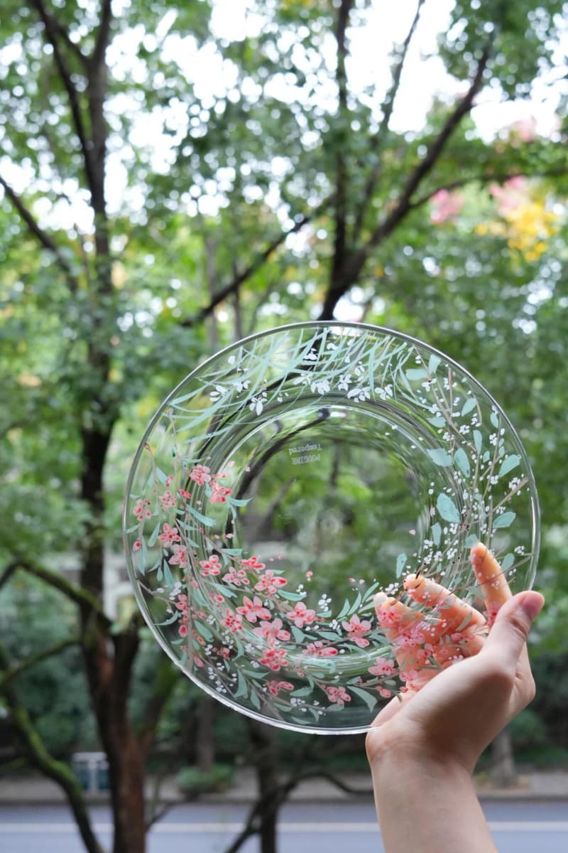 Peach Blossom & Snow Willow Glass Plate Shi Yu