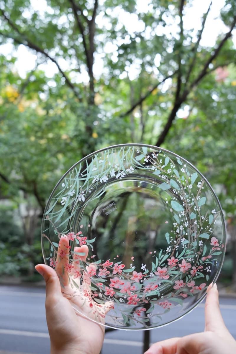 Peach Blossom & Snow Willow Glass Plate Shi Yu
