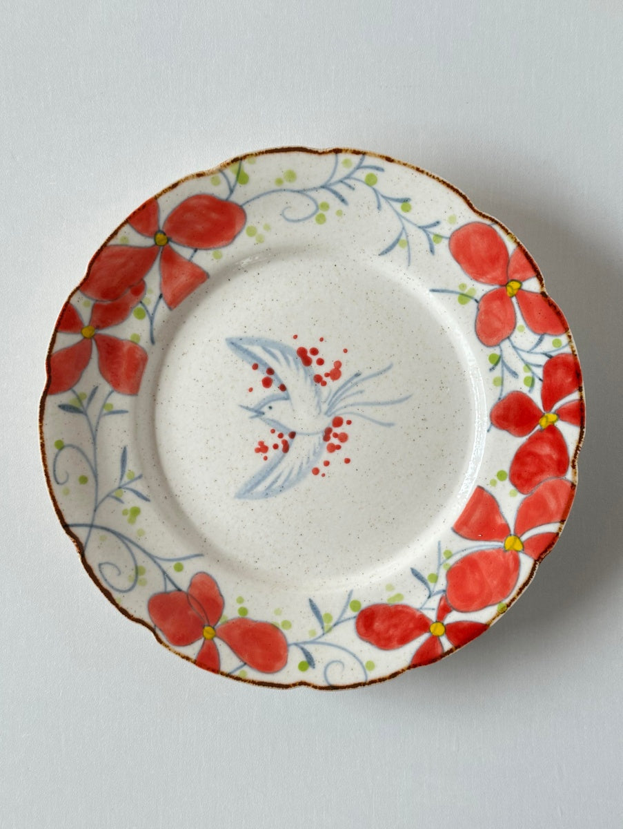 Hand-Painted Bird Round Dessert Plate Set – Red Elegance Chi Su