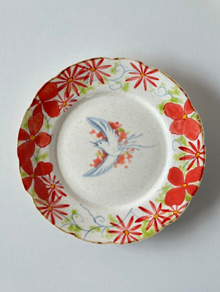 Hand-Painted Bird Round Dessert Plate Set – Red Elegance Chi Su