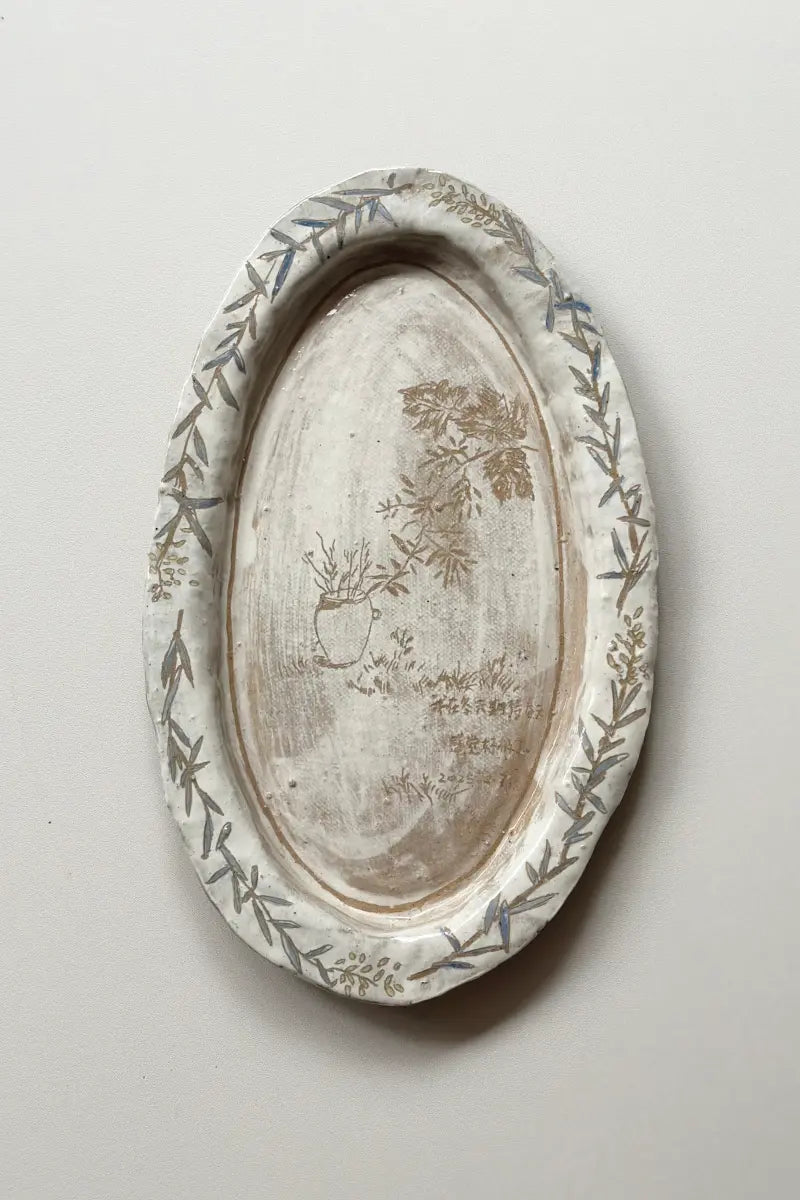 Rustic Stoneware Hand-Painted Large Plate-Expecting Spring in Winter Xin Feng Wang