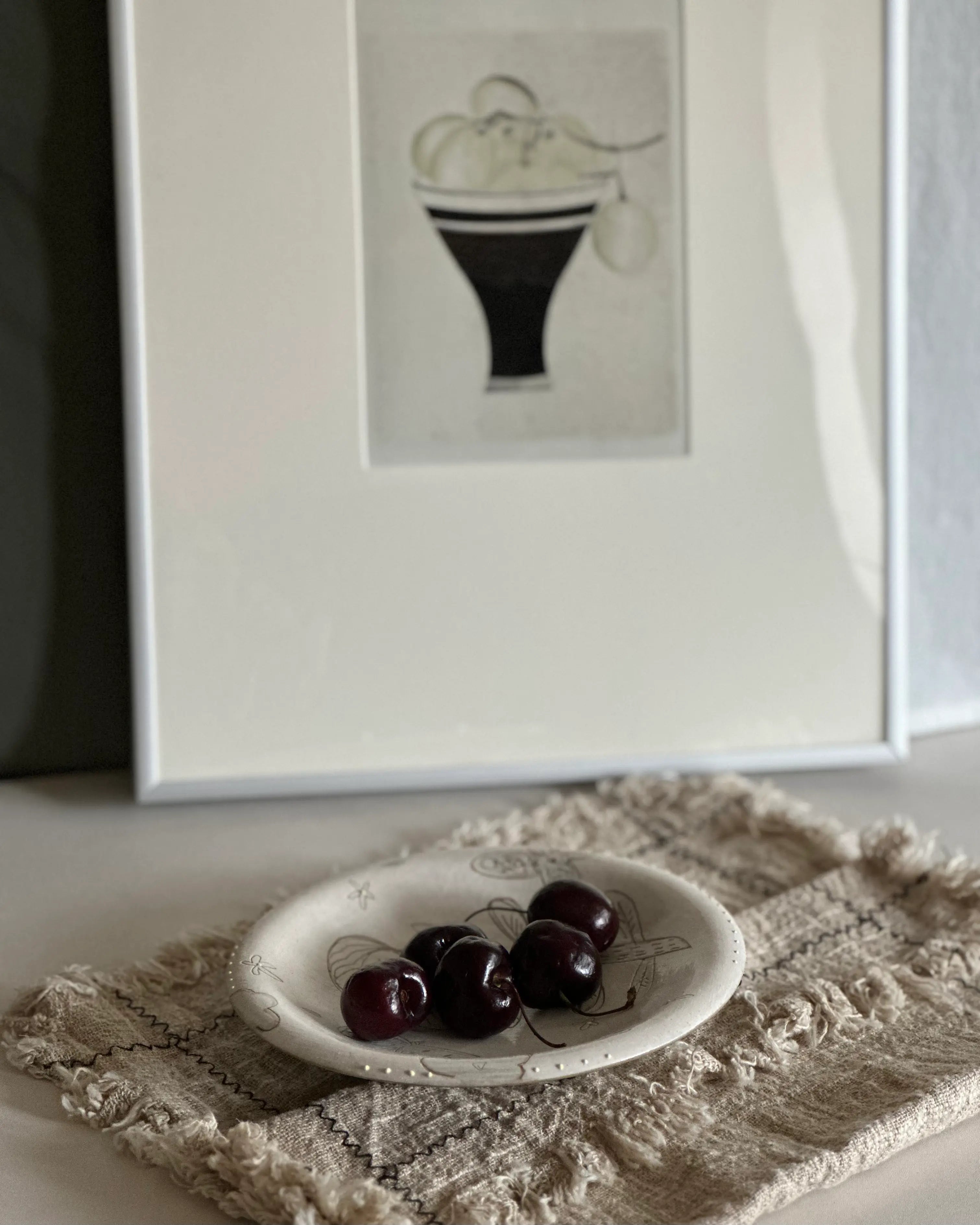 Rustic Stoneware Hand-Painted Plate-Stretching in the Rain Xin Feng Wang