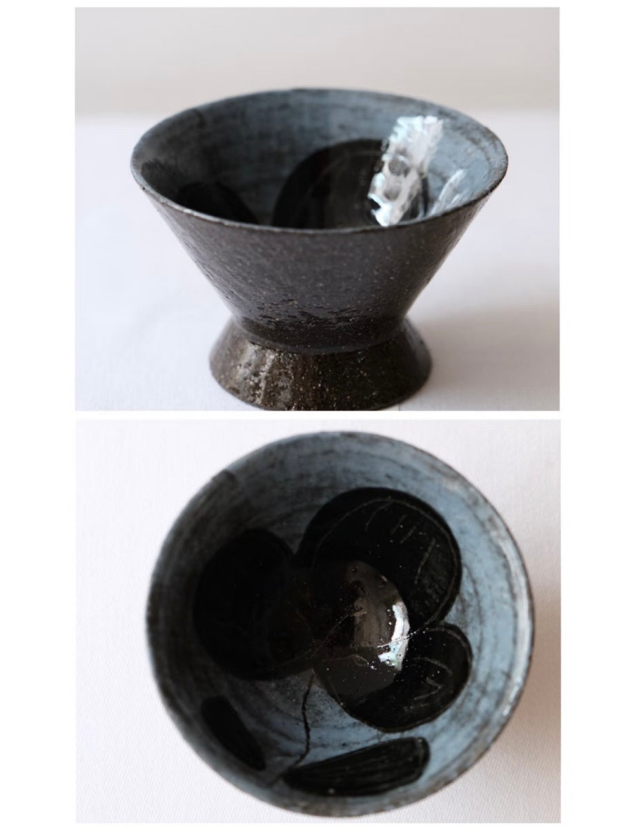 Rustic Stoneware Hand-Painted Tea Cup - Little Black Flower Xin Feng Wang