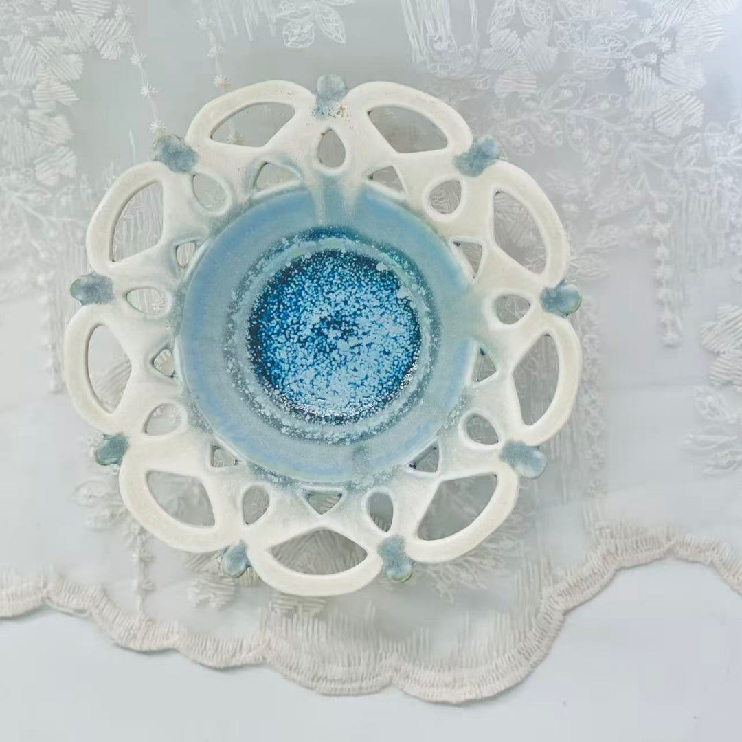 Snowflake Handcrafted Openwork Wood-Fired Porcelain Plate Orange Yellow