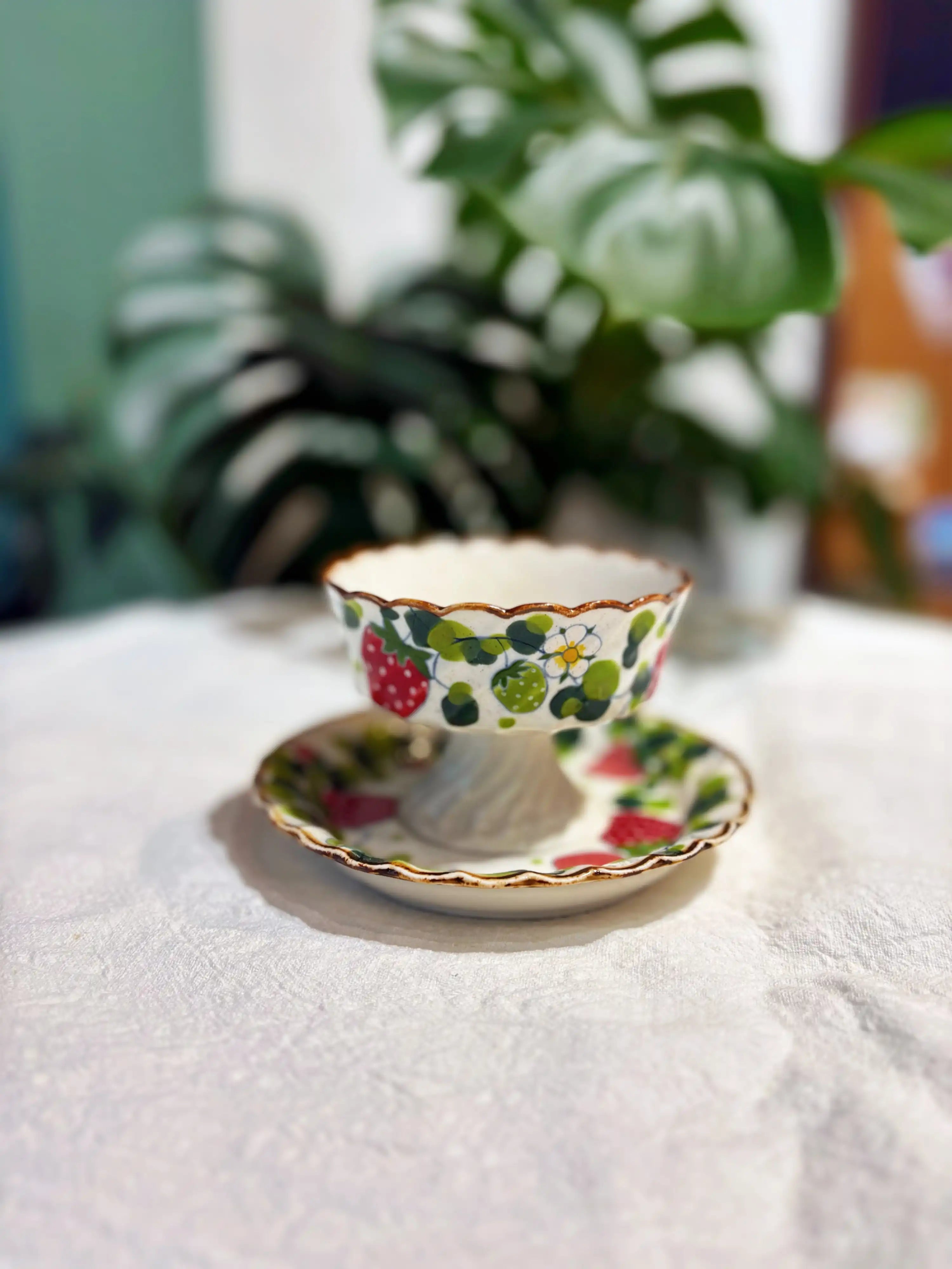 Strawberry Garden Hand-Painted Dessert Cup & Saucer Set Chi Su