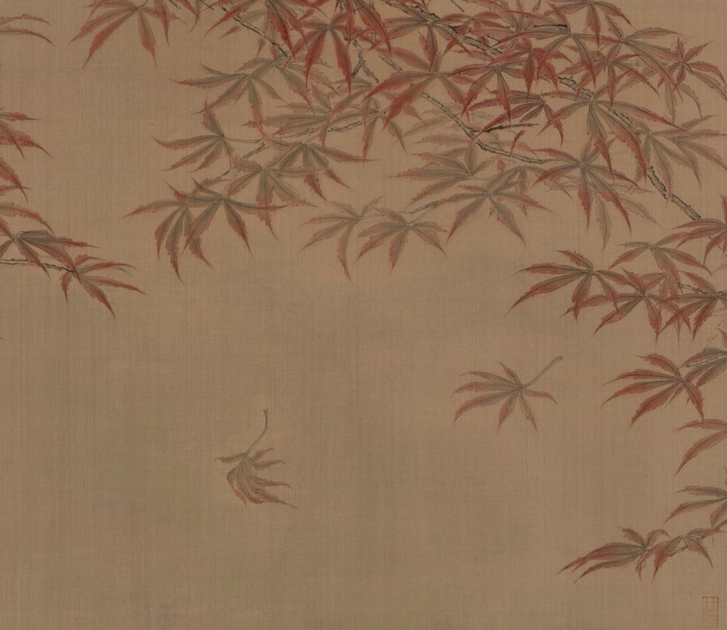 Chinese Gongbi Bird-and-Flower Painting – Pair of Wild Ducks beneath Crimson Maples Jing Li
