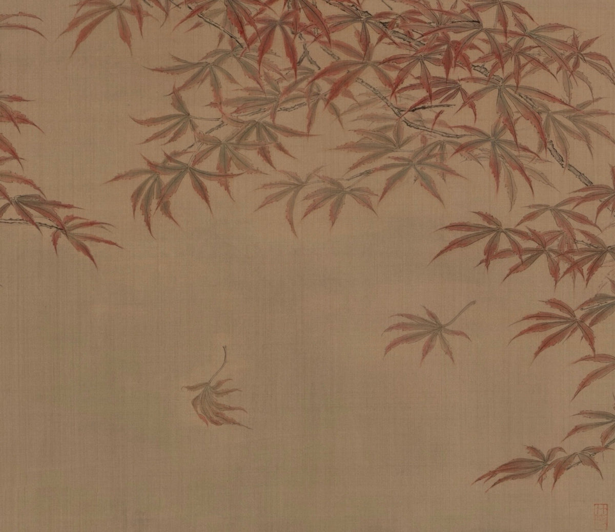 Chinese Gongbi Bird-and-Flower Painting – Pair of Wild Ducks beneath Crimson Maples Jing Li