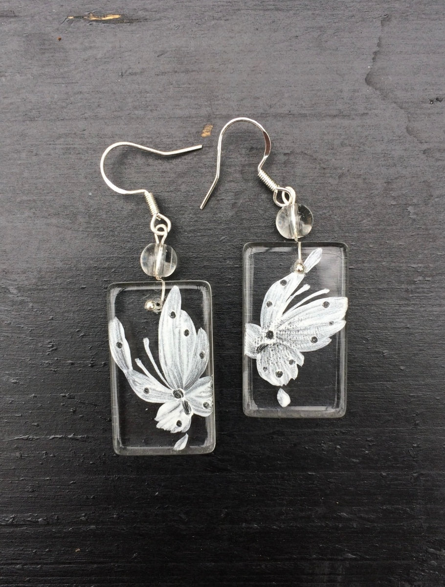Hand-painted Glass Earrings - White Butterfly One Shower Studio