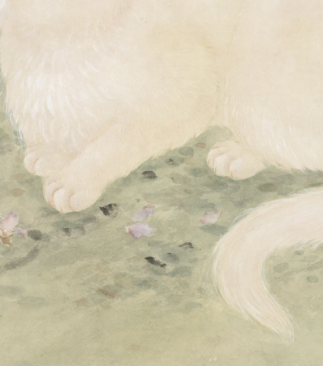 Chinese Mogu Bird-and-Flower Painting – White Cat Beneath Crape Myrtle Blossoms Jing Li