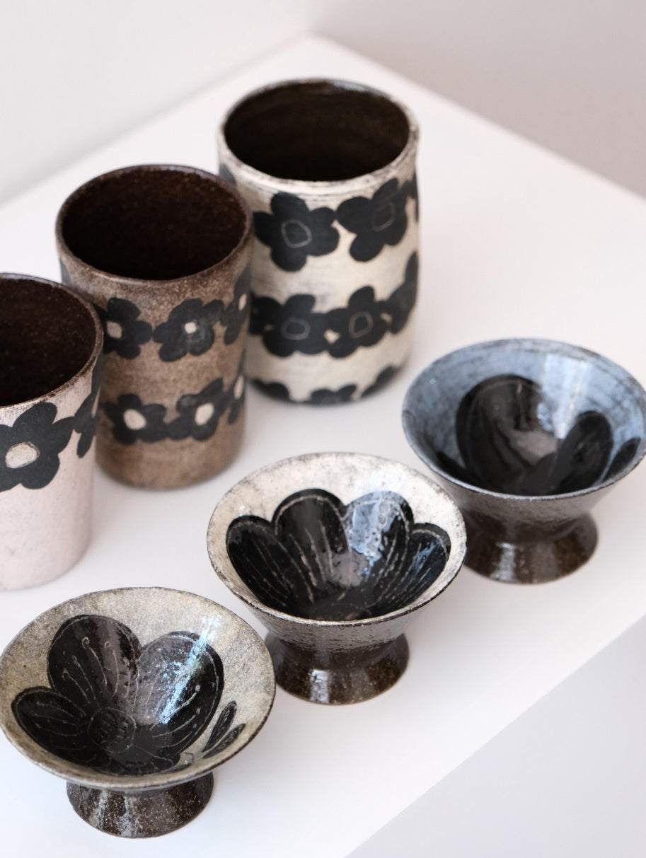 Rustic Stoneware Hand-Painted Tea Cup - Little Black Flower Xin Feng Wang