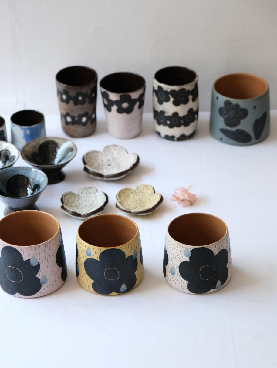Rustic Stoneware Handmade Tumbler & Incense Holder -Summer Flower Rain Xin Feng Wang
