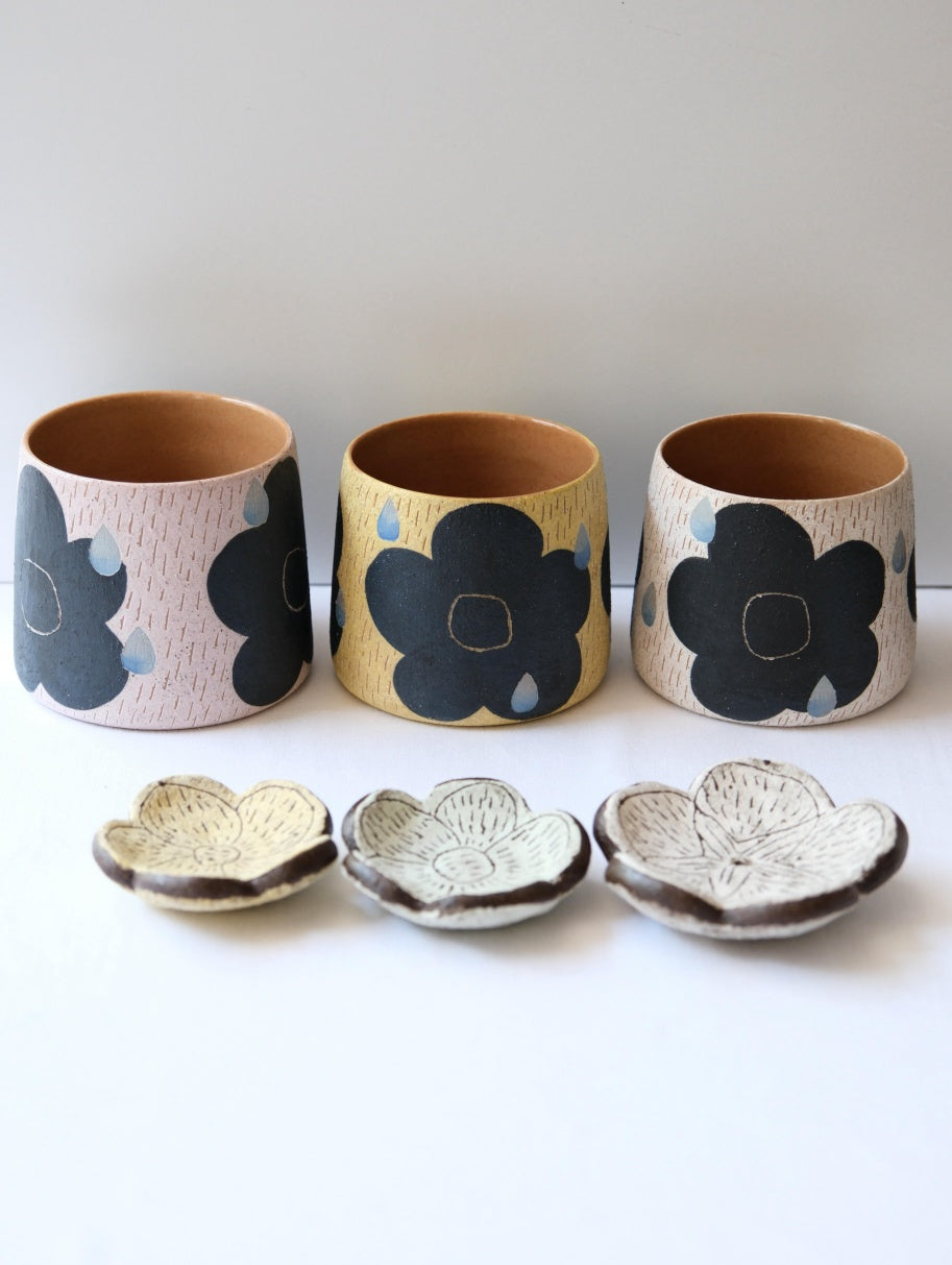 Rustic Stoneware Handmade Tumbler & Incense Holder -Summer Flower Rain Xin Feng Wang
